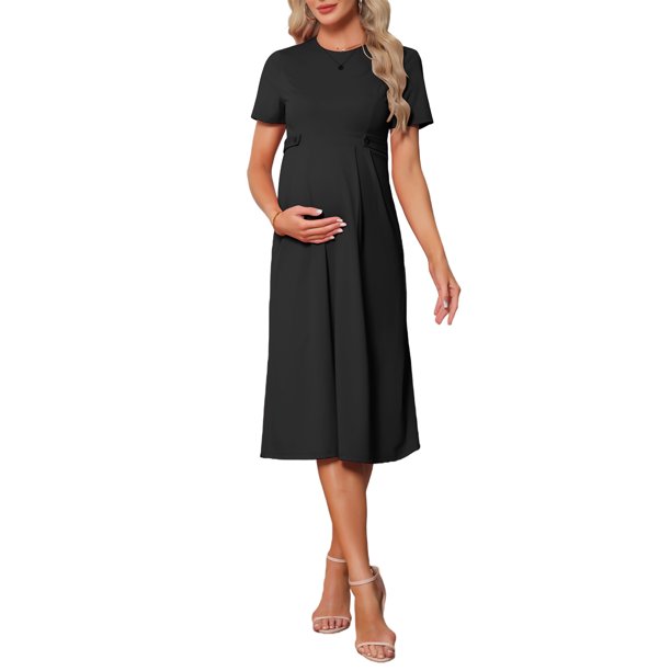 INSPIRE CHIC Vestido de maternidad para mujer, línea A, cuello redondo, manga corta, elástico, verano, oficina, trabajo, midi, embarazo, 2XL, negro