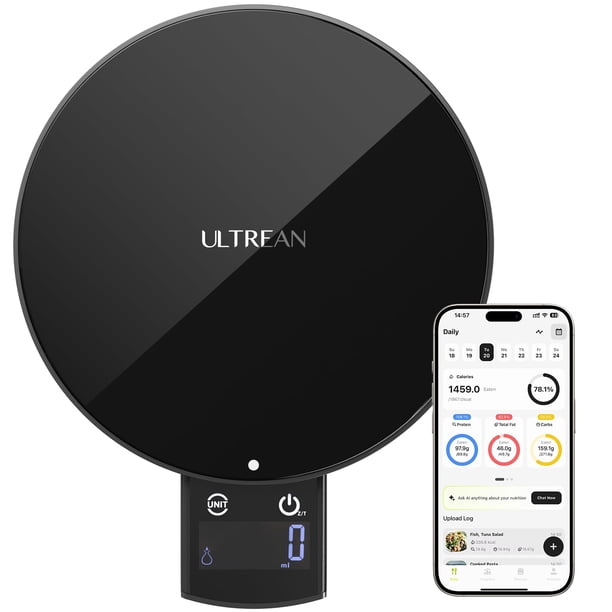 Báscula de alimentos inteligente Ultrean con calculadora nutricional, báscula de cocina para pérdida de peso, con app para seguimiento de calorías y macronutrientes, escaneo IA, 33 lb