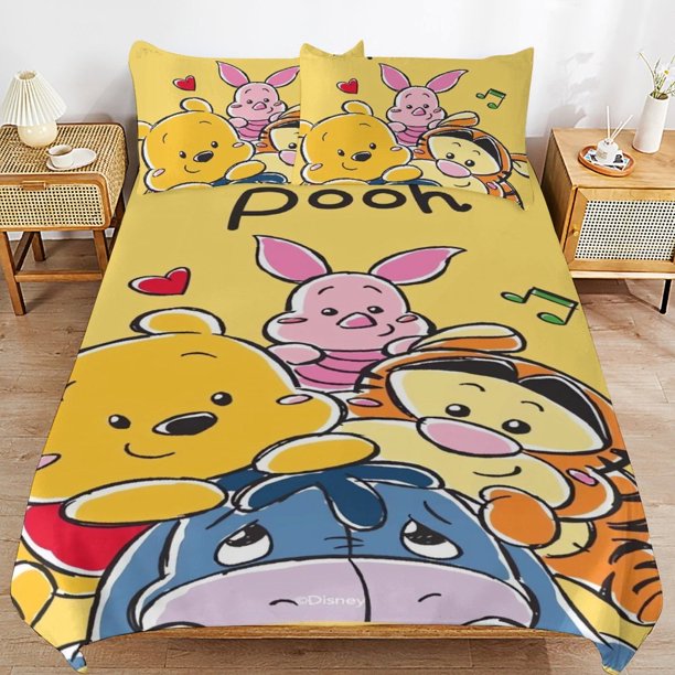 Winnie The Pooh Bed Duvet Cover Microfiber Bedding Sets 3D Printed Lightweight 3 Piece Comforter Sets for Kids Boys Girls