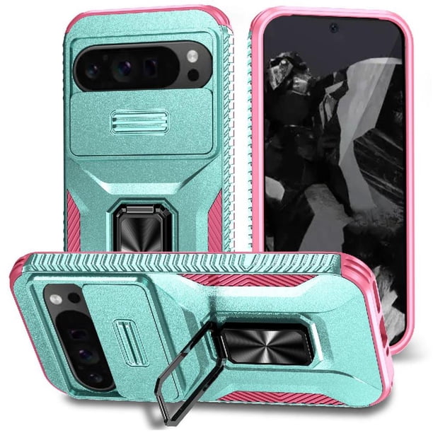 Funda Armada para Google Pixel 9 Pro XL con Tapa Deslizante y Soporte Magnético Giratorio Verde
