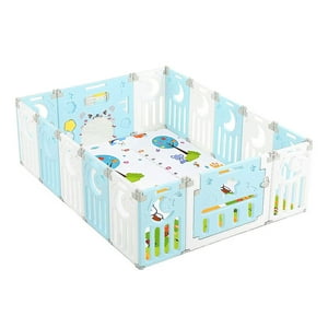Mundo Online - Corral De Seguridad Bebe Multiformas 14+2 Plegable + Alfombra Celeste Con Blanco