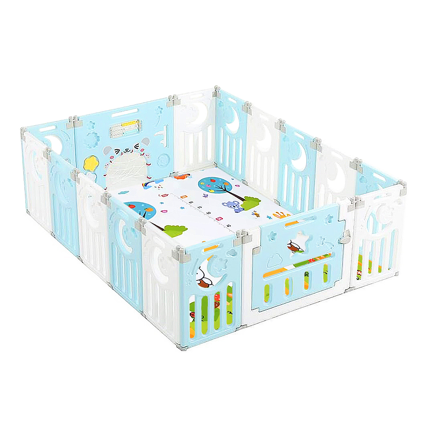 Mundo Online - Corral De Seguridad Bebe Multiformas 14+2 Plegable + Alfombra Celeste Con Blanco