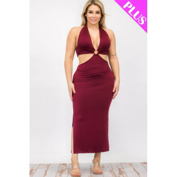 Saronite Vestido Midi con Escote Halter, Corte Entallado, Espalda con Lazo Doble y Abertura en el Muslo, Color Burdeos (Talla Grande para Mujer)