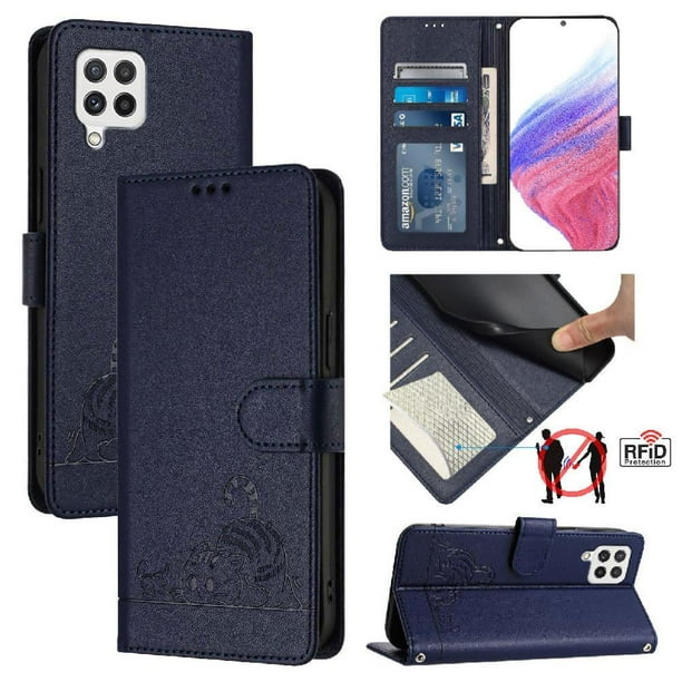 Funda tipo cartera FOXDOCK para Samsung Galaxy A22 4G con soporte, ranuras, RFID, diseño de gato