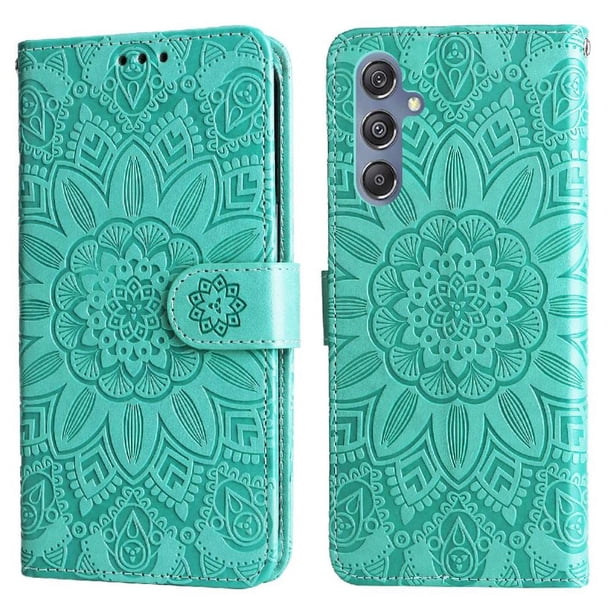 Funda tipo cartera FOXDOCK para Samsung Galaxy M34 5G , diseño girasol en relieve, cuero PU, cierre magnético, soporte y tarjetero
