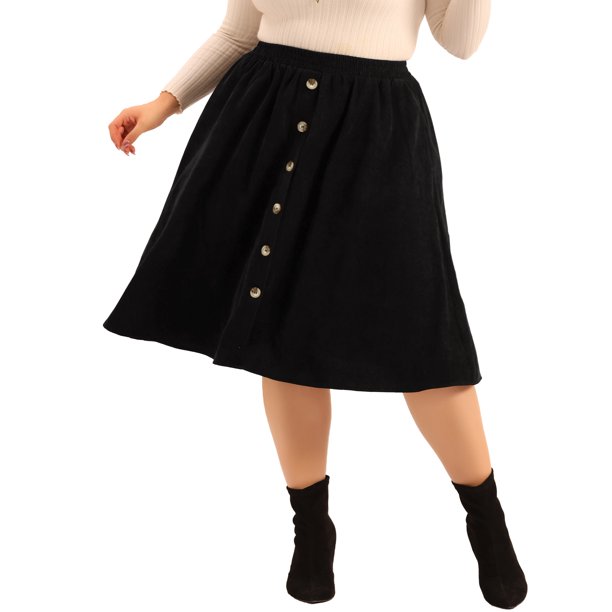 Faldas Midi de Pana Talla Grande para Mujeres de Agnes Orinda con Cintura Alta Elástica y Botones en Línea A con Bolsillos 1X Negro