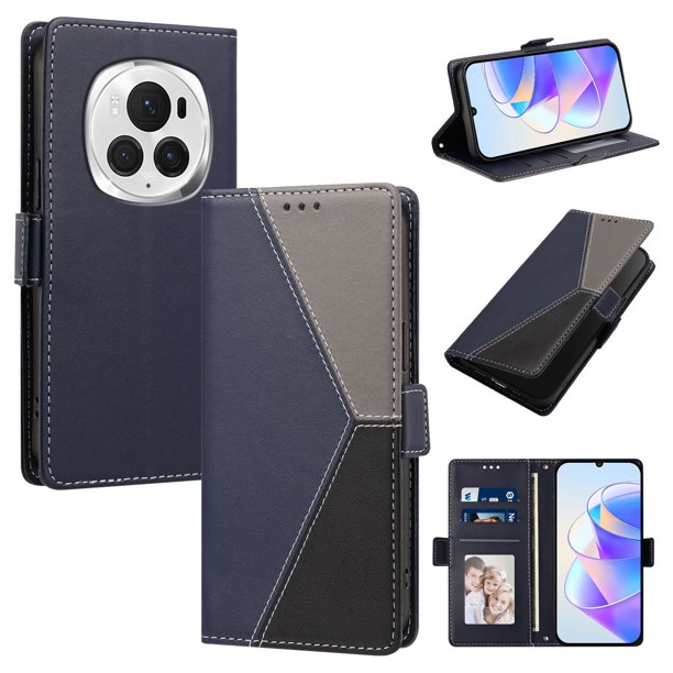 Cartera Plegable para Honor Magic6 Pro, PU Tricolor con Ranuras, Azul Oscuro