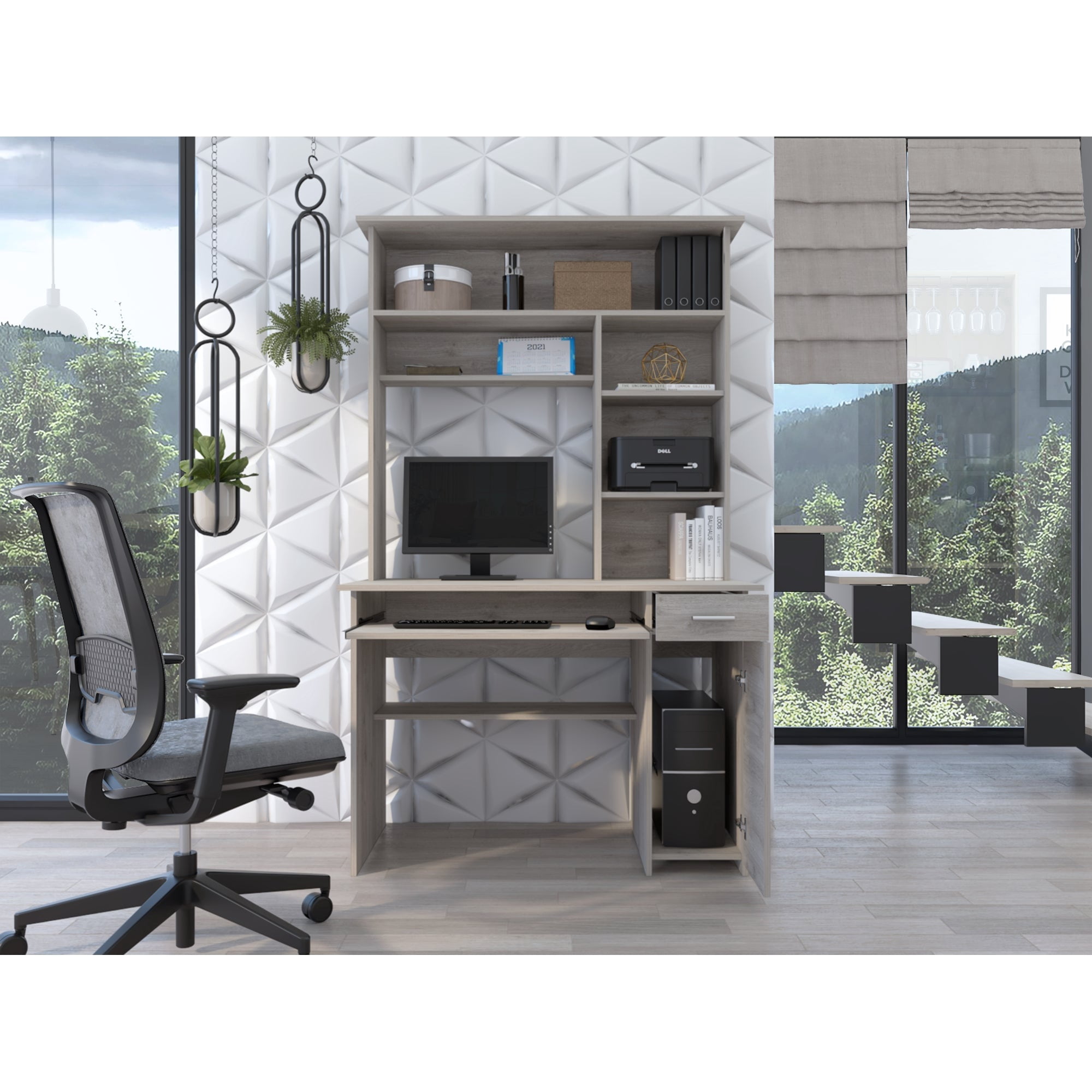 Tuhome - Escritorio Biblioteca 1 Puerta 1 Cajon 180 180,7x110x58,3 Cm Ceniza