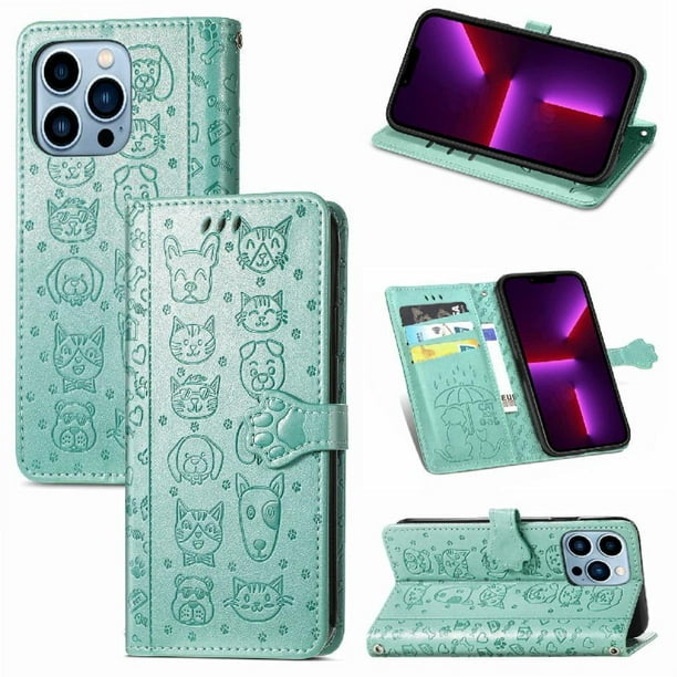 Funda Cartera FOXDOCK para iPhone 13 ProMax , Flip PU con Relieve de Gatos y Perros, Tarjetero y Soporte