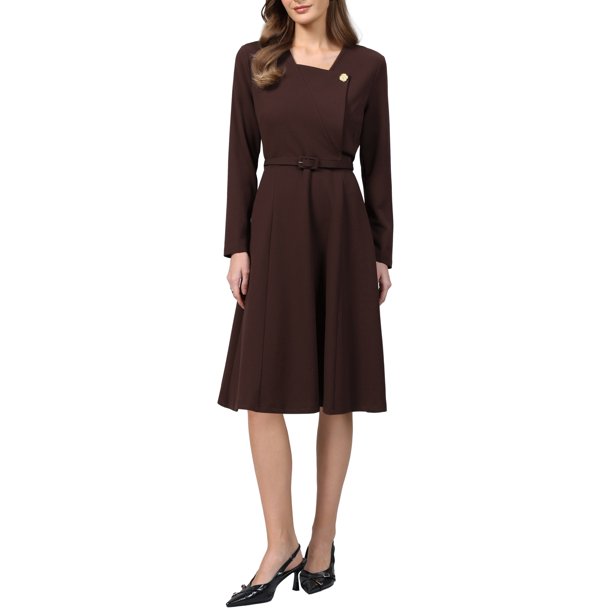 Vestido de Trabajo A-Line para Mujer INSPIRE CHIC Cuello en V con Solapa Manga Larga Elegante Ajustado y Acampanado con Cinturón L Marrón Oscuro