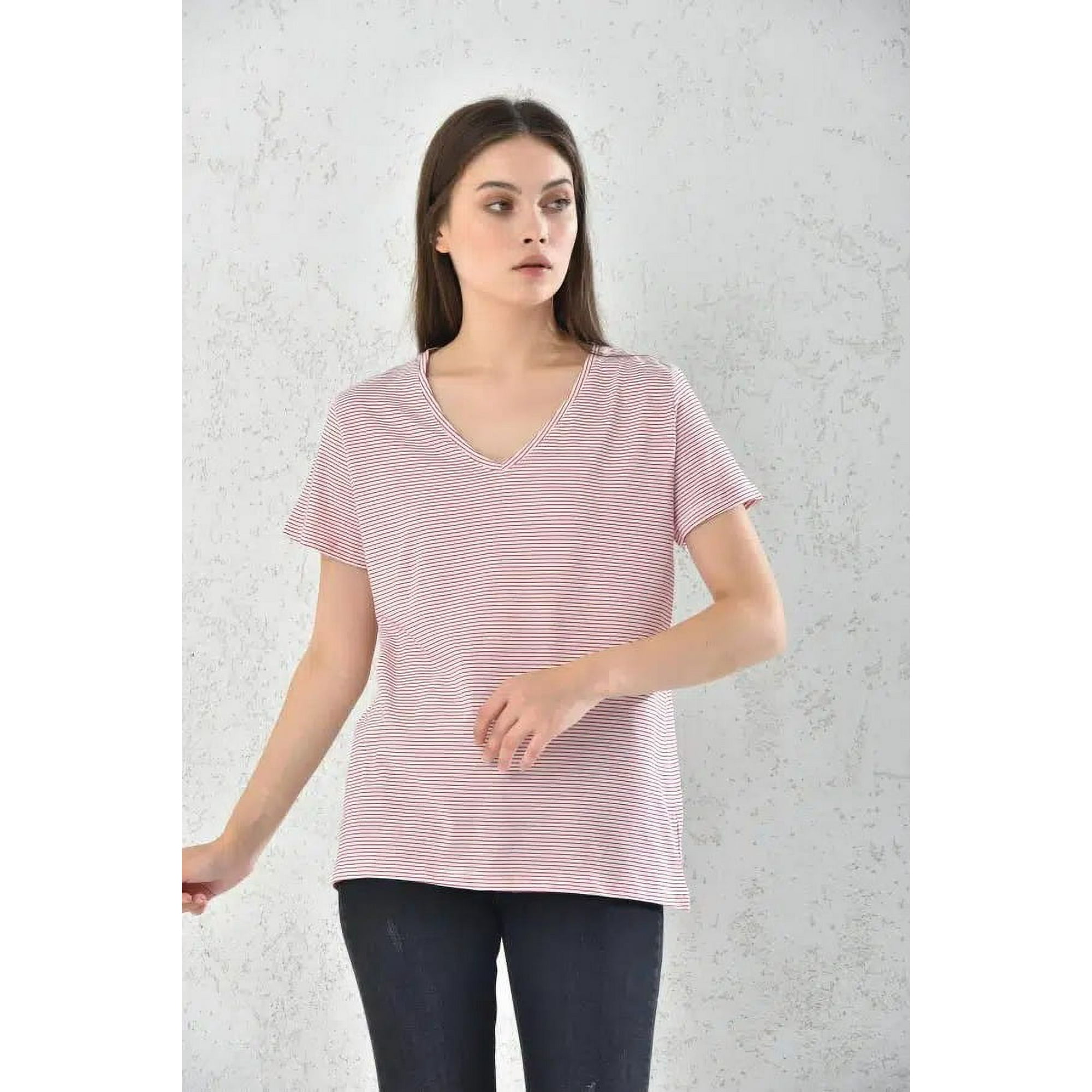 Home Fashion - Polera Mujer Rojo Rayado Manga Corta Cuello V Talla S