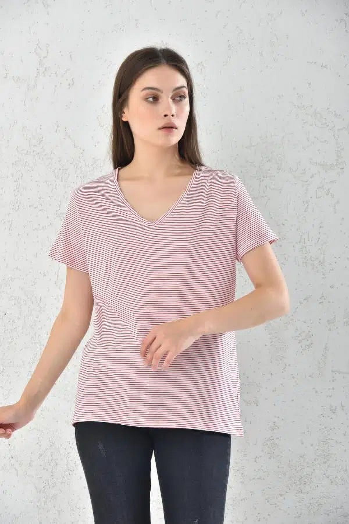 Home Fashion - Polera Mujer Rojo Rayado Manga Corta Cuello V Talla M