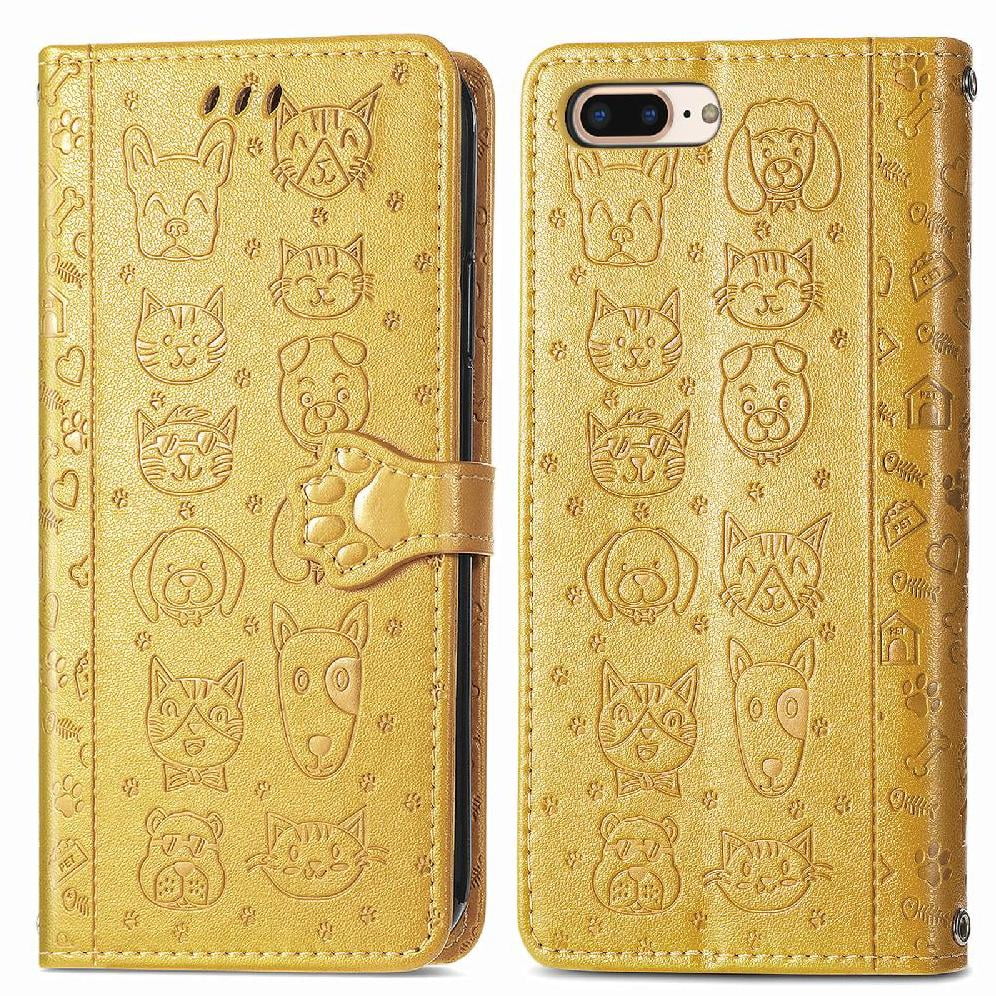 Funda Cartera Foxdock Para Iphone 8 Plus/7 Plus , Flip Pu Con Relieve De Gatos Y Perros, Tarjetero Y Soporte