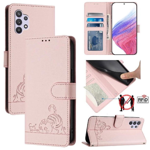 Funda tipo cartera FOXDOCK para Samsung Galaxy A32 5G con soporte, ranuras, RFID, diseño de gato