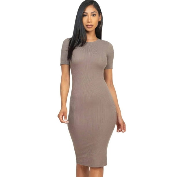Vestido Midi Ajustado De Canalé Gris Topo