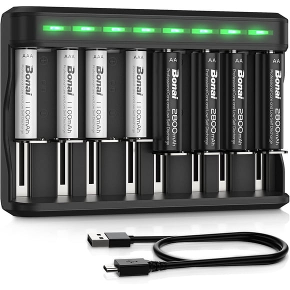 Cargador con Baterías Recargables BONAI AA AAA 2800mAh 4 Pack
