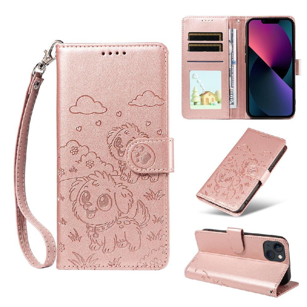 Foxdock - Funda Cartera Para Iphone 14 Perro Cachorro Grabado Con Tarjetas Soporte Correa Rosa