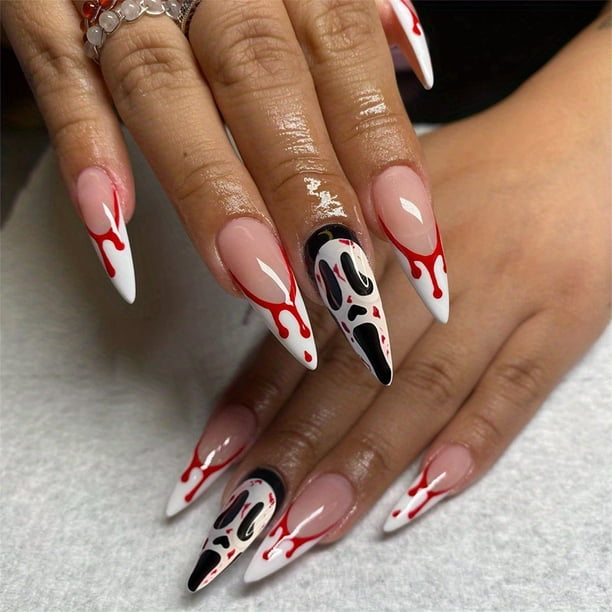 24pcs Glossy Red Blood Press On Nails - Scary Ghost Design for Halloween and Christmas - Full Cover Long Stiletto False Nails for Women and Girls