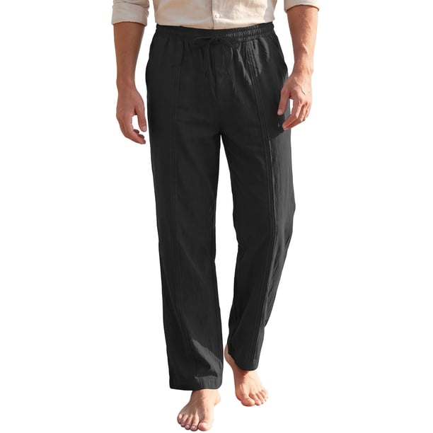 INSPIRE CHIC Pantalones de Lino Transpirables con Cordón de Ajuste Relajado y Textura a Rayas para Hombre, Talla XL, Negro