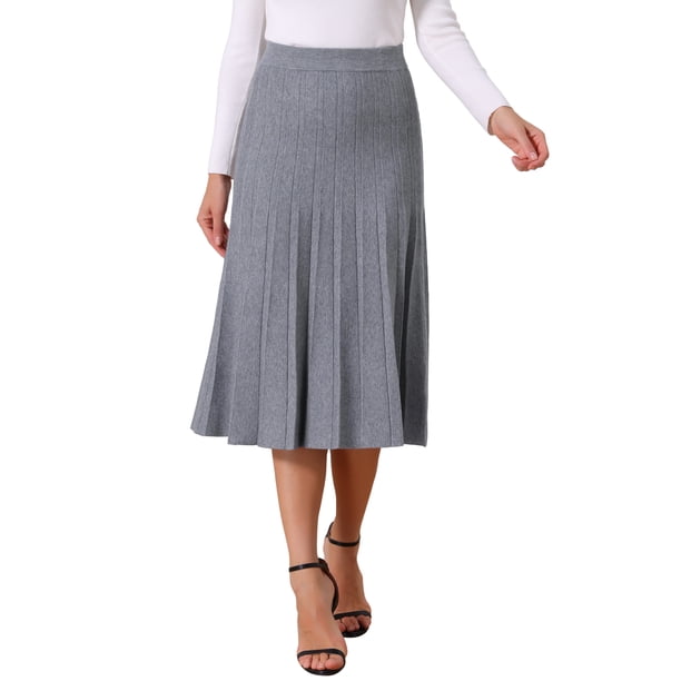 INSPIRE CHIC Falda Plisada de Mujer Cintura Alta Elástica Línea A Tejido de Punto Acanalado Falda Midi Suéter Conjunto de Otoño Invierno S Gris Claro