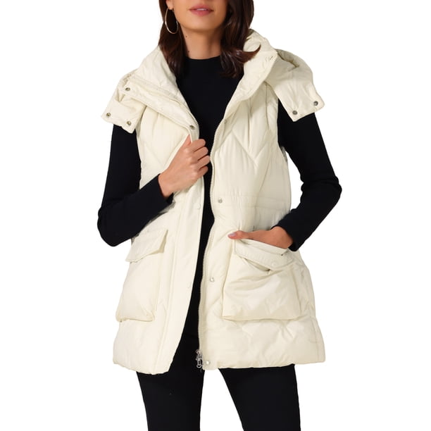 INSPIRE CHIC Chaleco de Mujer Abrigo de Invierno con Capucha Cremallera Sin Mangas Acolchado Acolchado 2XL Blanco