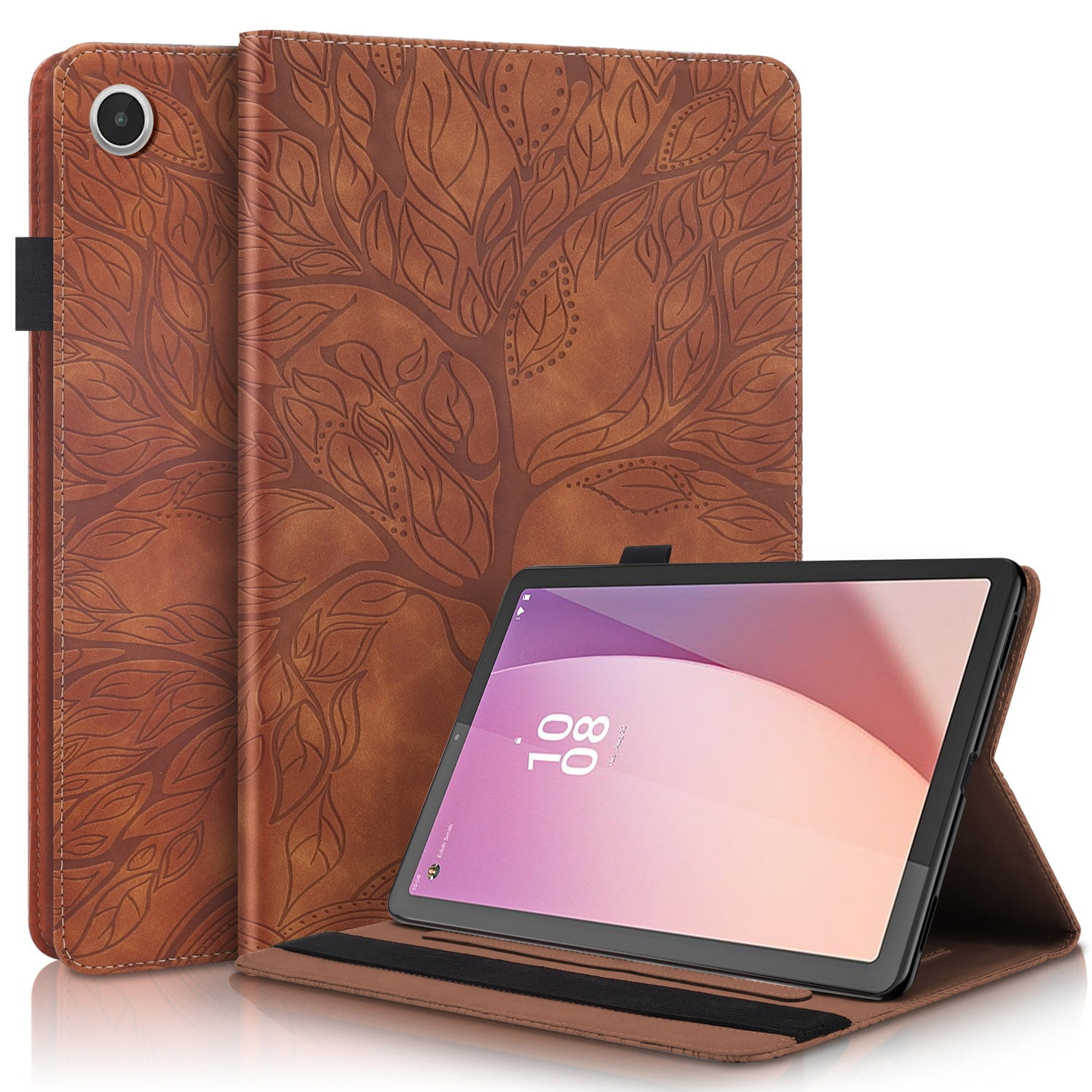 Foxdock - Funda Con Relieve Del Árbol De La Vida Para Tablet Lenovo Tab M8(4th Gen) Con Soporte, Ranuras Para Tarjetas Y Soporte Para Lápiz Óptico. Marrón