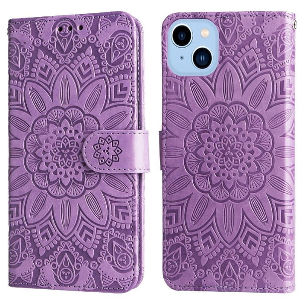 Funda tipo cartera FOXDOCK para iPhone 14 Plus , diseño girasol en relieve, cuero PU, cierre magnético, soporte y tarjetero