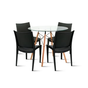 Klik Muebles - Comedor Mesa Eames De Vidrio 100Cm + 4 Sillas De Terraza Exterior - Negras