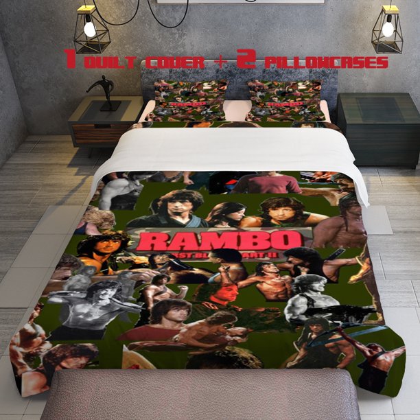 3pcs Rambo Themed Bedding Set Green Camouflage Duvet Cover with Action Movie Posters 2 Pillowcases (Zip Closure