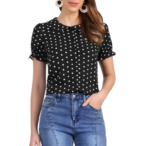 INSPIRE CHIC Blusa de Mujer con Lunares, Manga Corta Abullonada, Botones y Cuello Peter Pan, Talla S, Negro Blanco