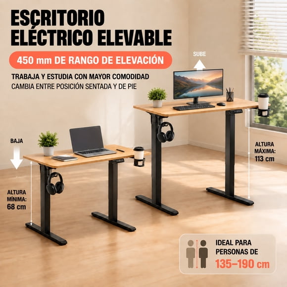 Escritorio Eléctrico Altura Ajustable 100x60cm Madera Natural Patas Negras