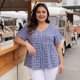 thumbnail image 3 of Agnes Orinda Blusa Casual Babydoll de Manga Corta con Cuello en V, Decoración de Botones, Peplum a Cuadros, Talla Grande para Mujer, Talla 3X, Azul, 3 of 8