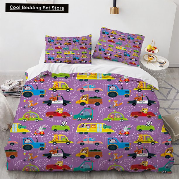 Cartoon Animals Toy Car Duvet Cover Lovely Frog Cat Rabbit Bedding Set for Kids Wildlife Polyester Quilt Cover Bed Sheets