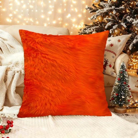 An Orange Fluffy Plush Printed Pillowcase - Double-Sided Printing Zipper Closure Machine Washable Available in Multiple Sizes And Colors Suitable for Sofa Bed A