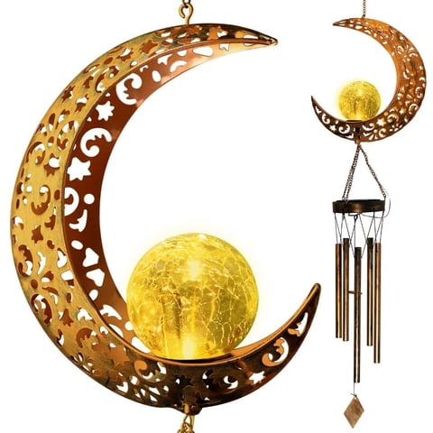 Xusx111 - Campanillas De Viento De La Luna Solar Para El Exterior Regalos De Cumpleaños Únicos Para Las Mujeres Mamá Abuela Bola De Vidrio De Grietas Campanillas De Viento Led Luces Solares Decoración