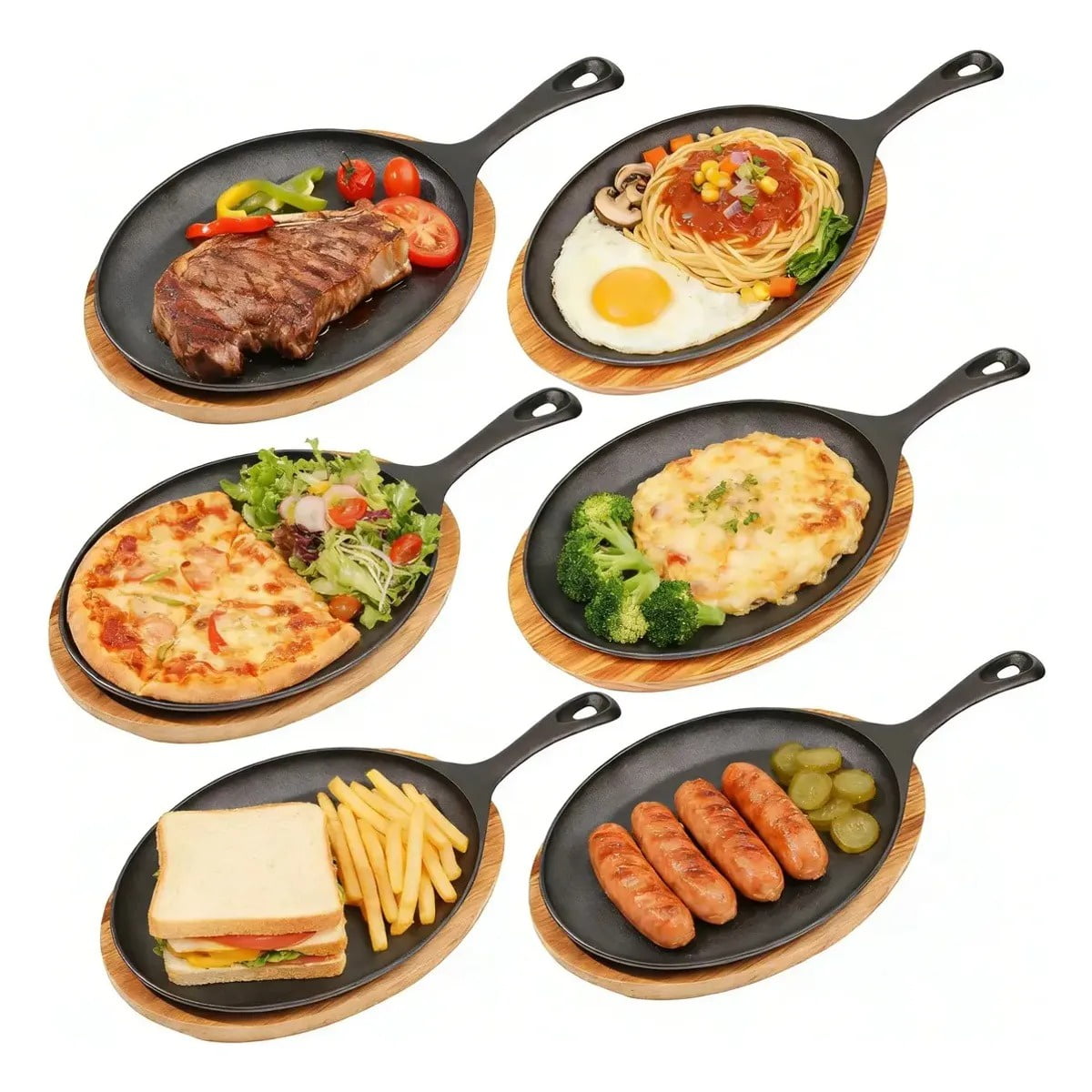 Genérica - Set De 6 Platos De Hierro Fundido 25 X 18cms + Base Madera Negro Fierro