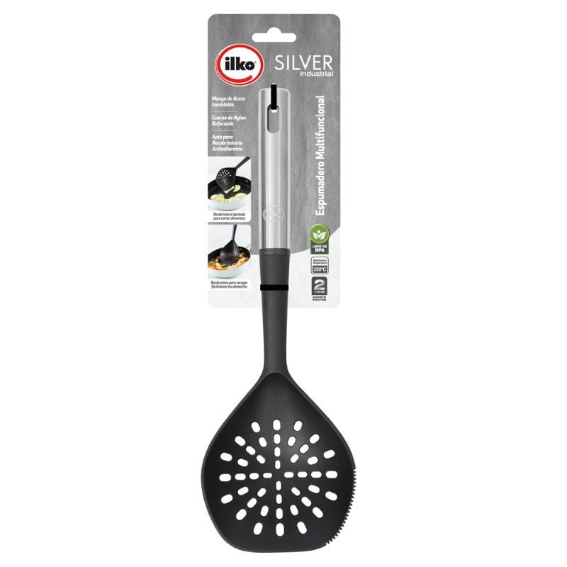 Ilko - Espumadero Multifuncional Silver Industrial 1 Pieza Acero Inoxidable - Nylon Negro
