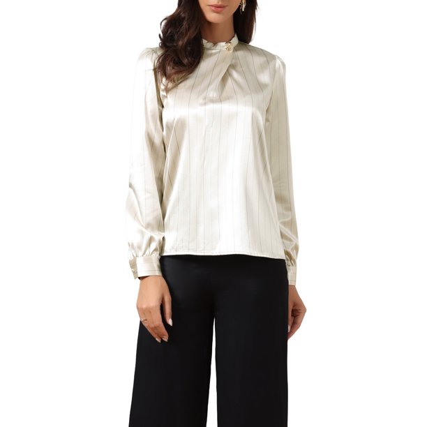 INSPIRE CHIC Blusas de Satén para Mujeres Elegantes con Cuello Alto y Manga Larga Camisas de Trabajo S Albaricoque