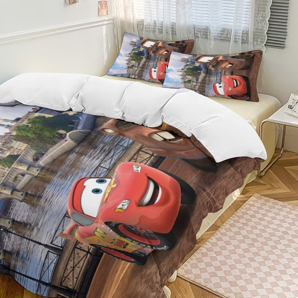Cartoon Cars Lightning McQueen Friend Boys Room Decor Size Bedding Set for Kids 3 Piece Bedding with 1 Duvet Cover And 2 Pillowcases Queen Bed Sheets