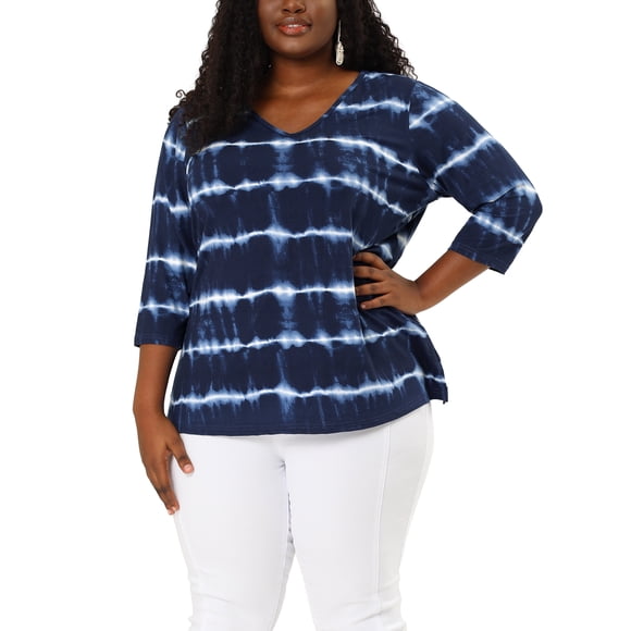 Agnes Orinda Blusas Casuales de Talla Grande para Mujer, Tops de Colegio con Rayas de Tie Dye, Cuello en V, Mangas 3/4, Túnica, 1X Azul