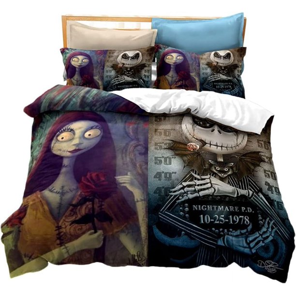Nightmare Before Christmas Duvet Cover Sets Jack and Sally Valentine's Day Rose Decor 100% Microfibe Bedding Set with Pillow Shams