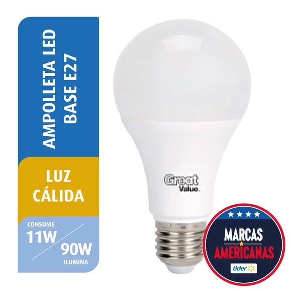 Ampolleta LED 11W Luz Cálida Base E27, 1 Un