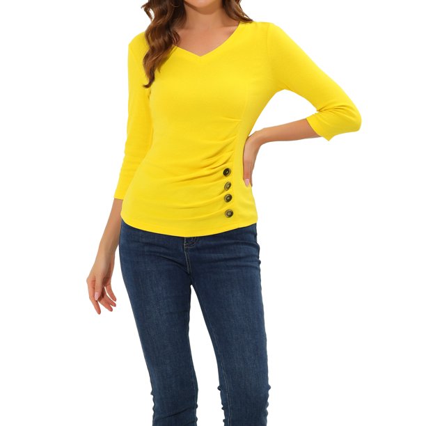 INSPIRE CHIC Blusa Fruncida para Mujer de Regreso a Clases con Botones Decorativos Cuello en V Manga 3/4 Top de Punto Sólido Amarillo Limón L