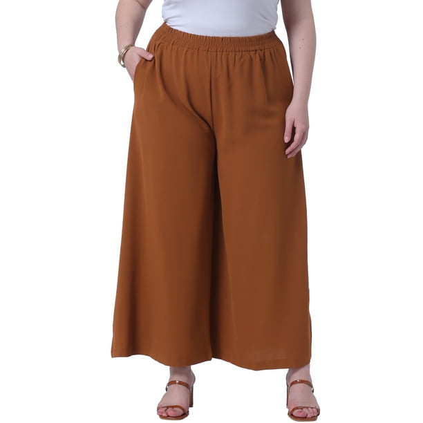 Pantalones Palazzo Casuales con Bolsillos y Cintura Elástica de Pierna Ancha para Mujer de Talla Grande Agnes Orinda, Talla 2X, Marrón
