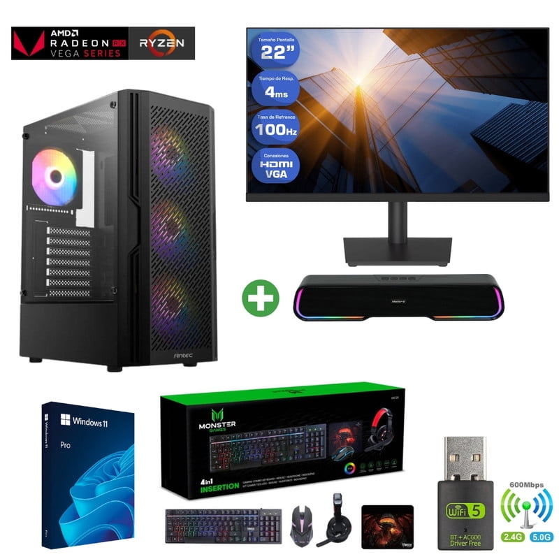 Pc Gamer Amd Ryzen 7 5700g + 16gb + Vega 8 + 1tb + Monitor 22″ + Parlante Rgb + Ax20