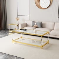 M&Ms - Modern Acrylic Leg Coffee Table, Double Layer Tempered Glass Top With Golden Metal Frame, 47.2X23.6X17.7 Inch Living Room Furniture