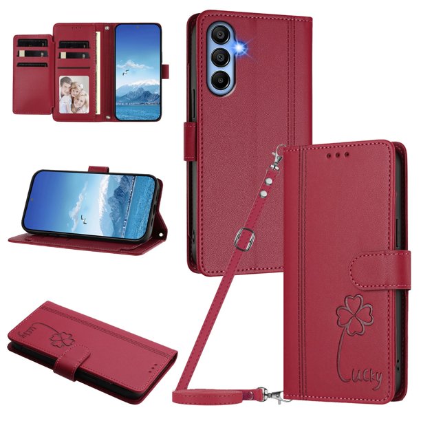 Funda Cartera Trébol para Samsung Galaxy A15 con Ranuras Tarjetas y Carga Inalámbrica Rojo