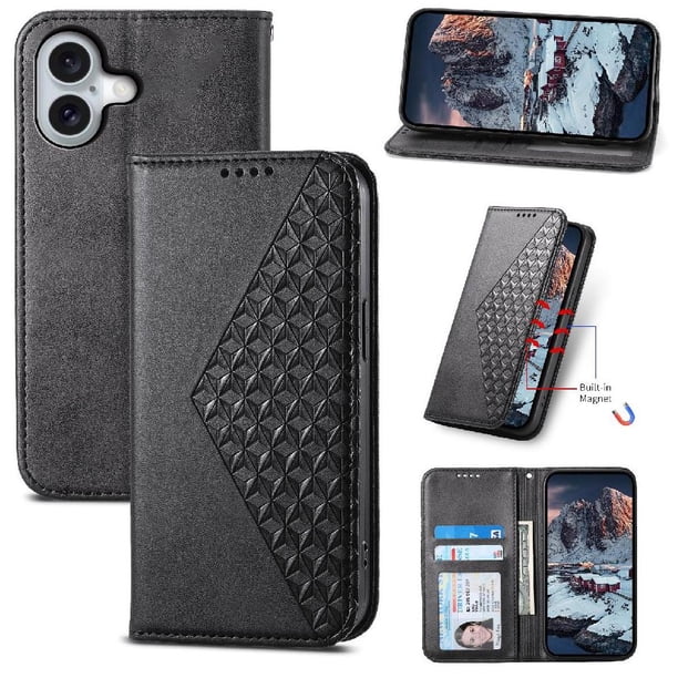 Funda Flip FOXDOCK para iPhone 16 , Estilo Billetera con Diseño Rombo, Correa de Mano y Soporte, Uso Diario
