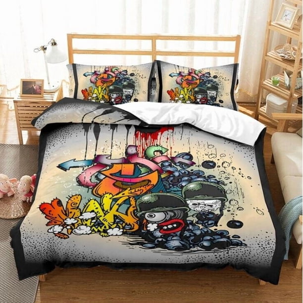 Hip-Hop Graffiti Duvet Quilt Cover Bedding Set PillowCase 3-Piece Bedding Set (1 Duvet Cover + 2 Pillow Shams)