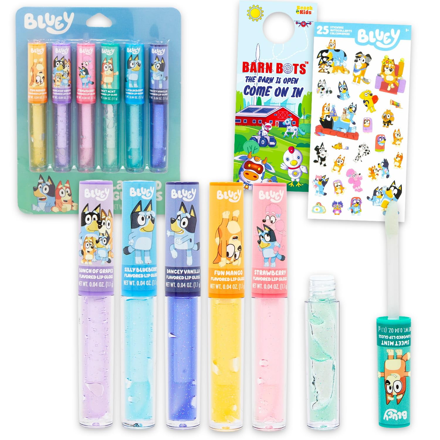 Set De 6 Brillos Labiales Bluey Con Sabores Variados Y Stickers